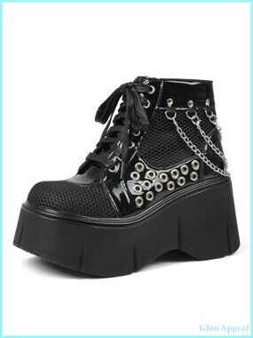 Goth Lace Up Chunky Wedge Heel Ankle Combat Boots Platform Mesh Punk Shoes